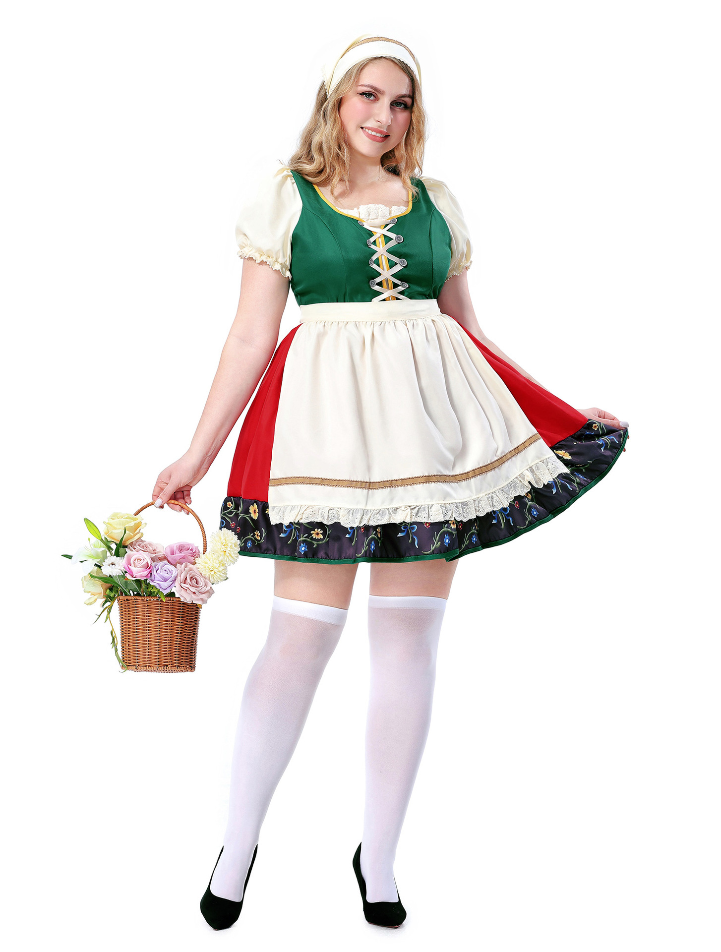 Plus Size Dirndl Dress Bavarian Oktoberfest Costume Floral Print Apron Dress